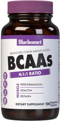 Bluebonnet Nutrition BCAAs 4:1:1 Ratio Muscle Performance* Muscle Health* Muscle Repair* Non-GMO Vegan Kosher Certified Gluten-Free Soy-Free Dairy-Free 120 Vegetable Capsules 30 Servings