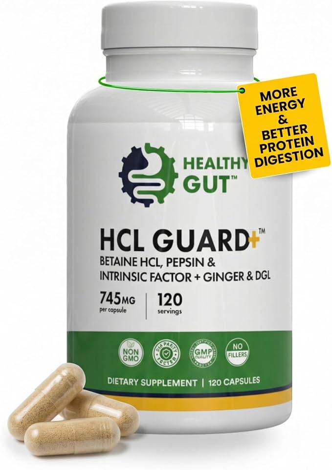 Healthy Gut HCL Guard | Betaine HCl with Pepsin | Betaine Hydrochloride Digestive Supplement w/Organic Ginger Root &amp DGL | 60 Servings