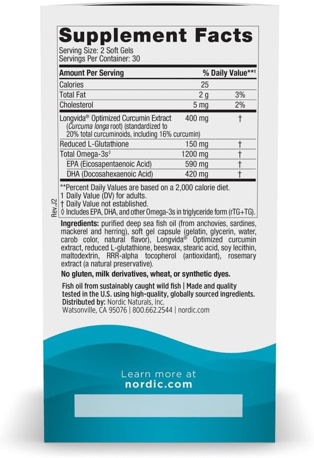 Nordic Naturals Omega Curcumin Lemon - 60 Soft Gels - 1200 mg Omega-3 + 400 mg Optimized Curcumin - Combats Cellular Stress - Non-GMO - 30 Servings