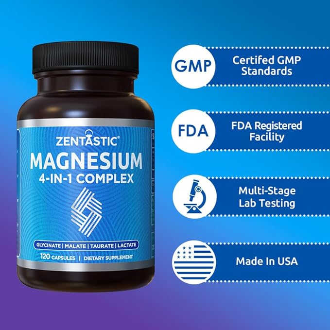 Zentastic Magnesium Complex - 240 Magnesium Capsules - Chelated Magnesium Glycinate Malate Taurate &amp Lactate - Support Bones Muscles