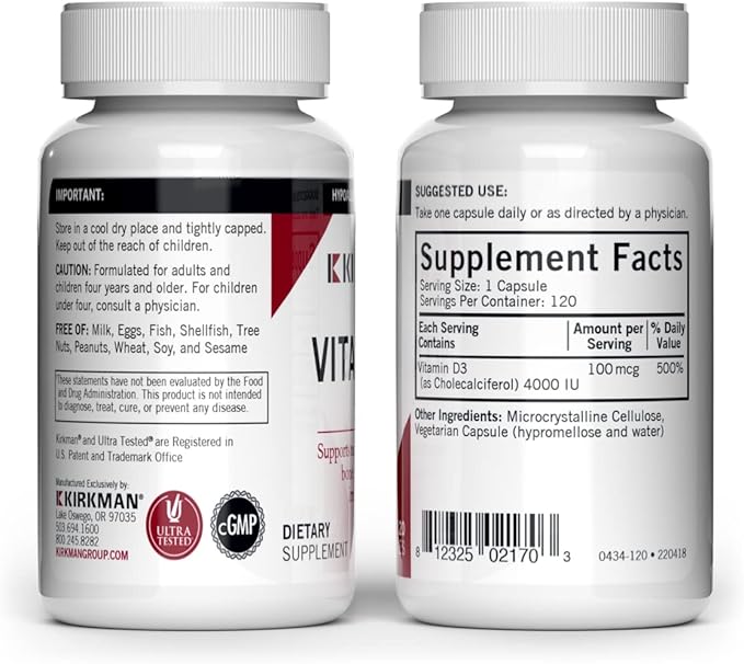 Kirkman - Vitamin D3 4000 IU - 120 Capsules - Supports Immune Health - Helps Build Strong Bones - Hypoallergenic