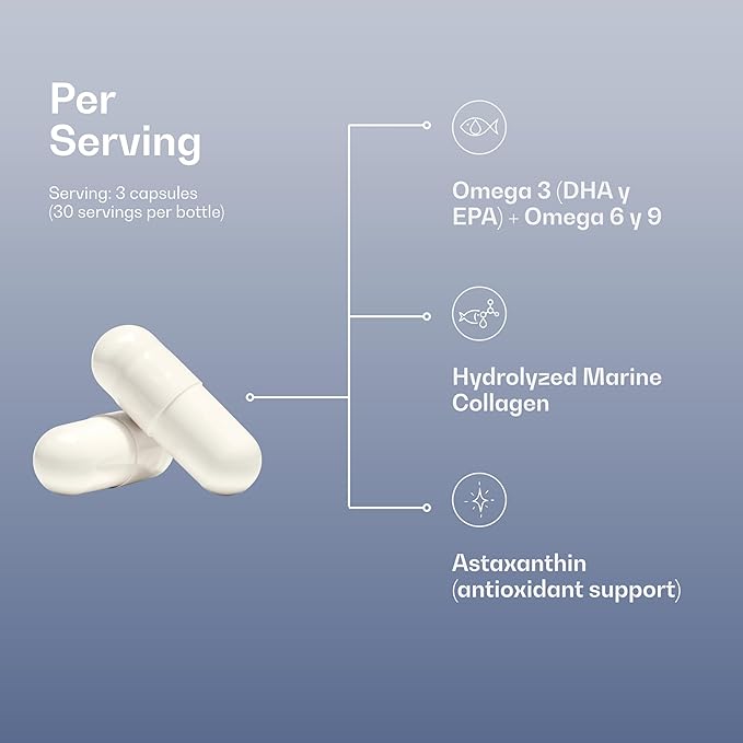 Omega 3-6-9 Capsules with Hydrolyzed Marine Collagen + Astaxanthin - Fish Oil with DHA &amp EPA - Unflavored No Fishy Aftertaste - 90 Capsules (500 mg)
