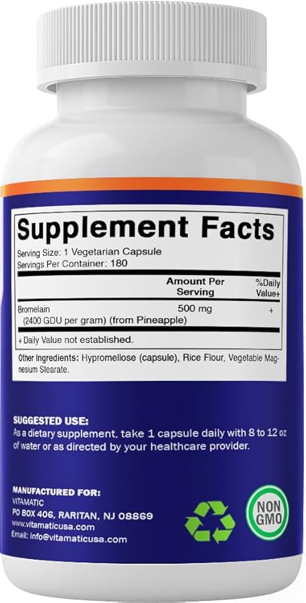 Vitamatic Bromelain Supplement 500mg – 2400 GDU/g – 180 Capsules - 2 Pack