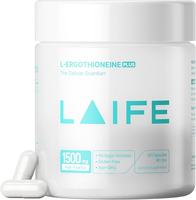 LAIFE L-Ergothioneine PLUS Supplement Cellular Antioxidant Supplement for Energy Skin Vitality &amp Whole-Body Wellness with L-Ergothioneine NR Quercetin Curcumin &amp Magnesium Glycinate 60