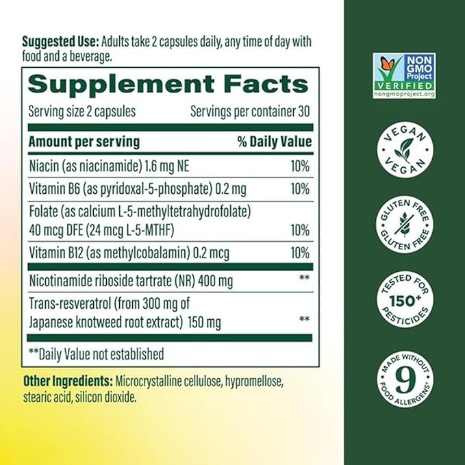MegaFood NAD+ Supplement with Nicotinamide Riboside &amp Resveratrol - NMN Supplement Alternative - Vitamin B12 B6 Methylfolate &amp Niacin - NAD for Healthy Aging - Non-GMO - 60 Capsules 30 Serv