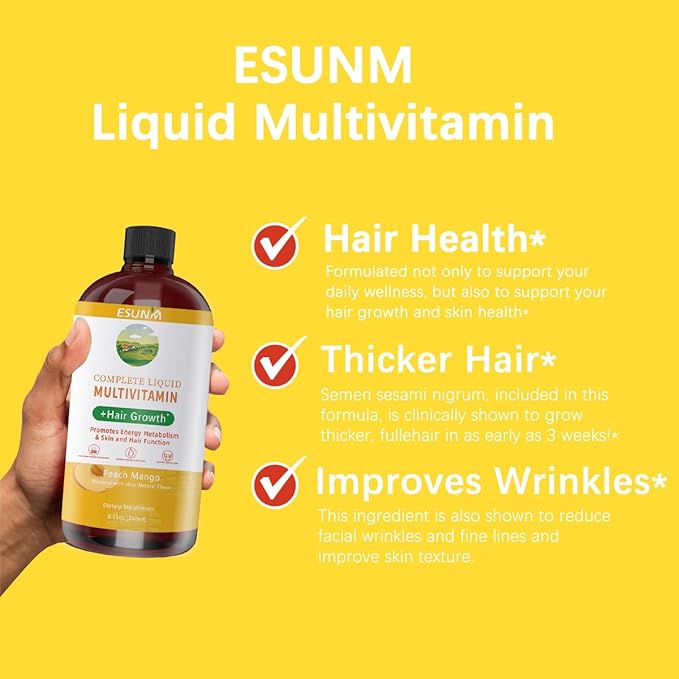 ESUNM Complete Liquid Multivitamin + Hair Growth Promotes Energy Metabolism&amp Skin and Hair Function| Vitamin C D | B Vitamins | Help to Thicker Hair Wrinkles Fine Lines Skin Care