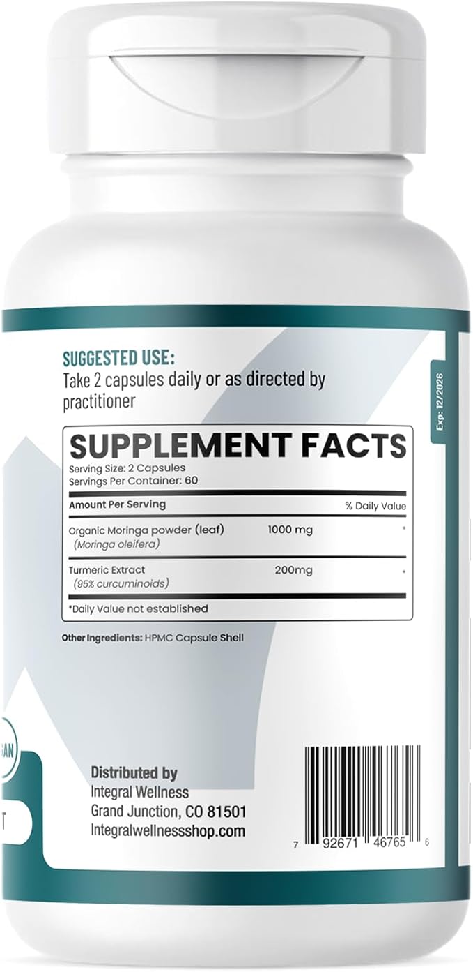 Moringa w/Curcumin Capsules (60 Caps) 1200mg Per Serving - 3rd Party Tested Filler-Free