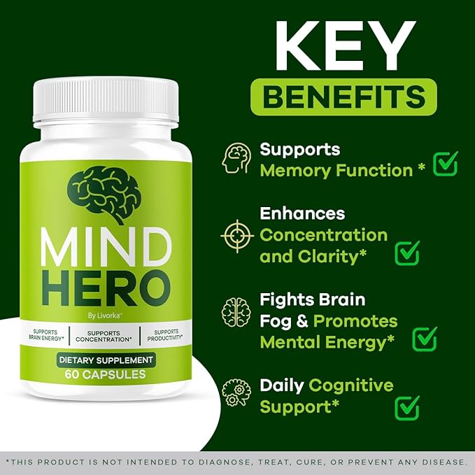 (2 Pack) Mind Hero Capsules - Brain Health and Memory Support Advanced Formula MindHero Focus Pills Daily Support Natural Cognitive Function for Overall Health &amp Wellness 120 Capsules for 2 Mont