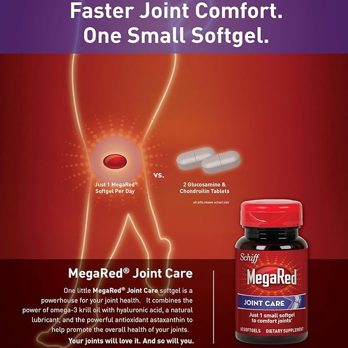 Omega-3 Krill Oil and Joint Supplement - Megared Joint Care 60 softgels - EPA/DHA fatty acids Antioxidants Hyaluronic acid No fishy burp aftertaste as with Fish Oil