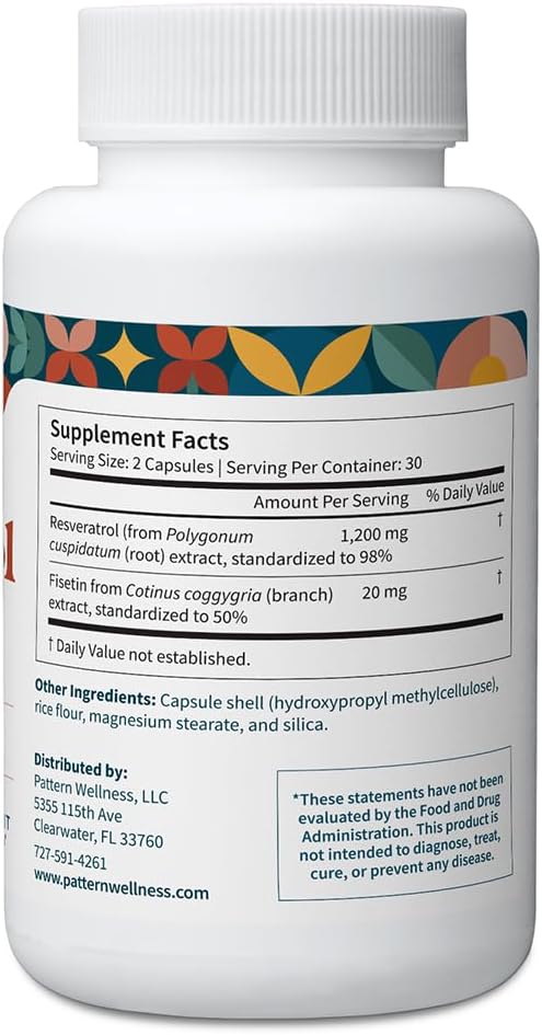 Pattern Wellness Resveratrol with Fisetin – Supports Cellular Heart &amp Immune System Health – Promotes Antioxidant Protection – Vegan Non-GMO Gluten-Free – 180 Capsules