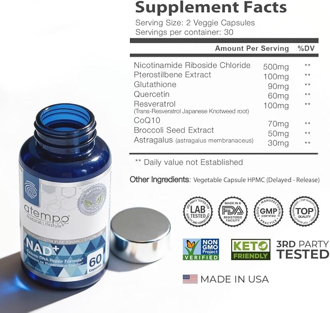 NAD+ Supplement 1000 mg High Absorption – Supports Energy Cellular Health Brain Function and Healthy Aging – Pure NAD Formula with 60 Capsules