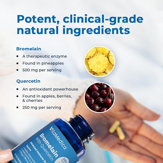 VitaMedica Bromelain &amp Quercetin Supplement - 500mg Bromelain 250mg Quercetin - 2400 GDU for Immunity Joint Support Inflammation and Muscle Recovery - 60 Vegan Capsules - 30 Servings (2 Pack)