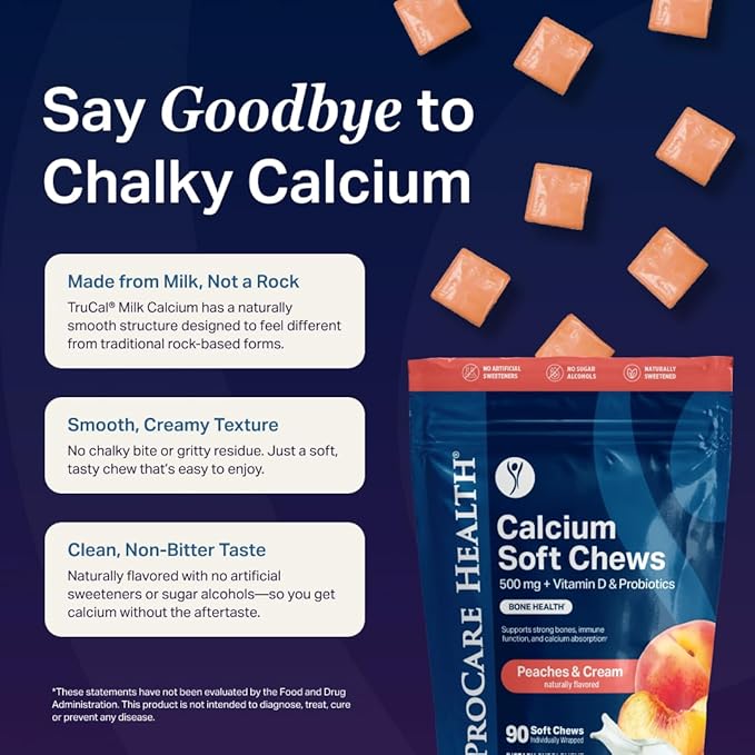 ProCare Health TruCal Calcium Soft Chews – Peaches &amp Cream Flavor | 500mg Calcium 500 IU Vitamin D3 500 Million CFU Probiotics | Bone &amp Digestive Support | 30 Count