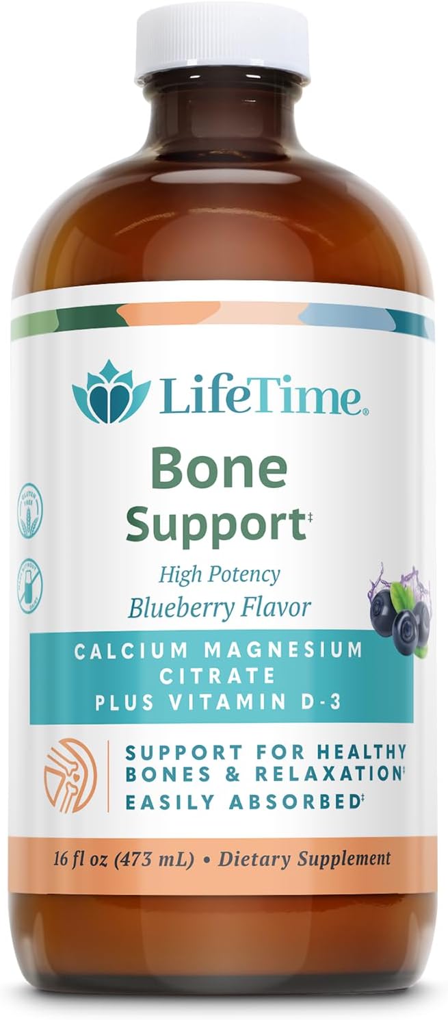 LIFETIME Bone Support Calcium Citrate Magnesium Citrate and Vitamin D-3 Relaxation Bone and Muscle Support Formula Easy Absorption Blueberry Flavor Approximately 32 Servings 16 FL OZ
