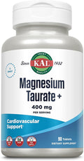 KAL Magnesium Taurate 400mg Plus CoEnzyme Vitamin B6 Chelated Magnesium Supplement Healthy Muscle Function Nerve and Heart Health Support Gluten Free Vegan 60-Day Guarantee 45 Serv 90 Tablets