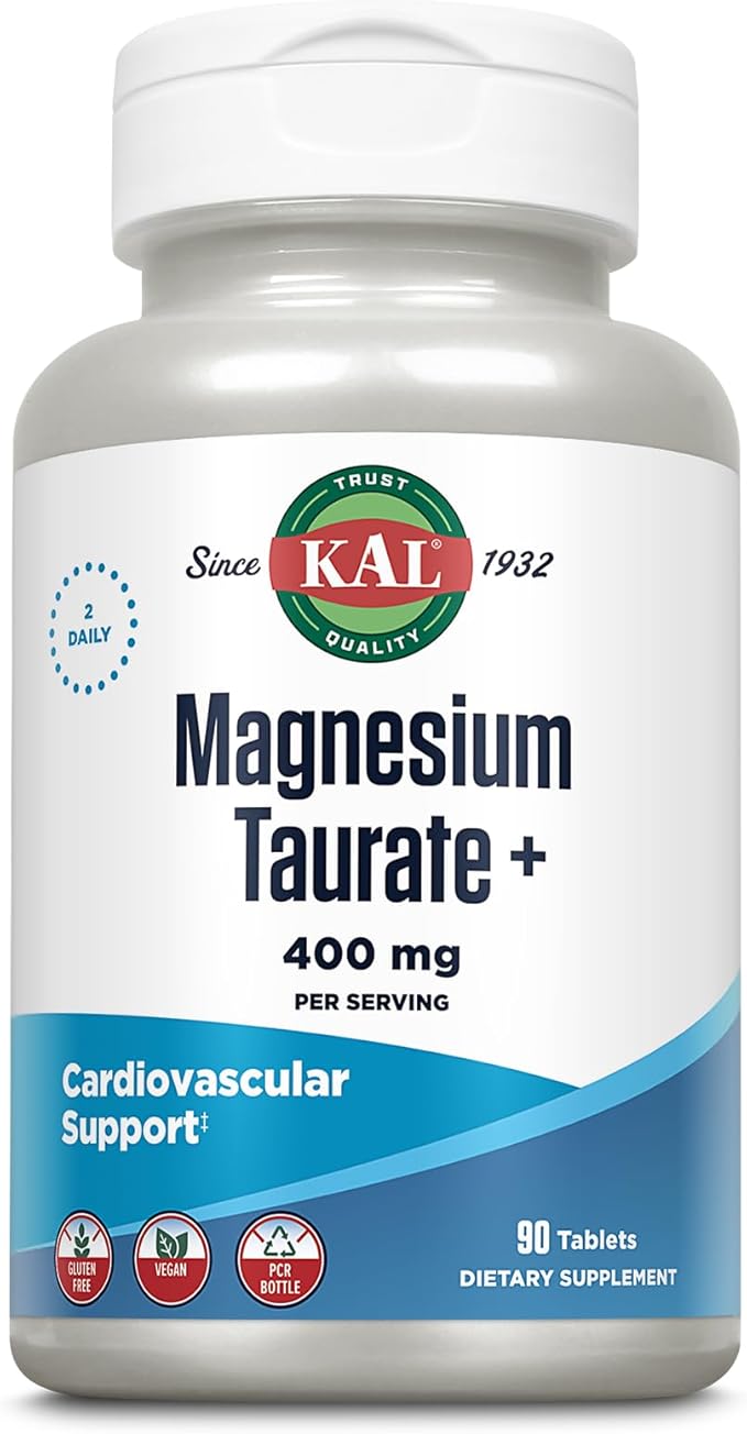 KAL Magnesium Taurate 400mg Plus CoEnzyme Vitamin B6 Chelated Magnesium Supplement Healthy Muscle Function Nerve and Heart Health Support Gluten Free Vegan 60-Day Guarantee 45 Serv 90 Tablets