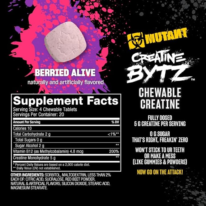 Mutant Creatine Bytz – Sugar-Free Chewable Creatine Tablets for On-The-Go Use – 5g Creatine Monohydrate Per Day – Pre Workout &amp Post Workout Protein Support – 80 Tablets – Berried Alive