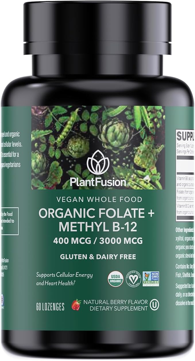 PlantFusion Organic Methylated Vitamin B Complex – Vegan B12 3000mcg Folate 680mcg DFE B6 from Organic Sprouts – Berry-Flavored Lozenges – 60 Count