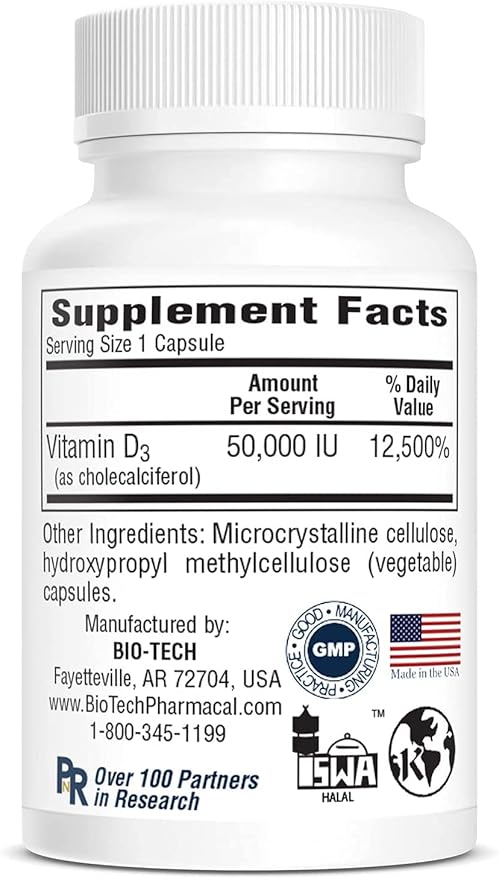 Bio-Tech Pharmacal D3-50 50000 IU 100 Vegetable Capsules – All-Natural Supplement – Supports Bone &amp Immune Health – No Dairy Fish Gluten Peanut Shellfish &amp Soy
