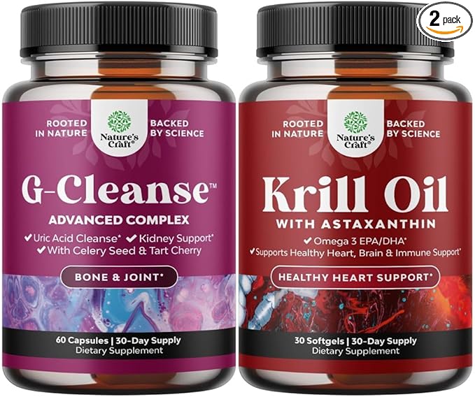 Bundle of GCleanse Uric Acid Support Supplement and Antarctic Krill Oil Softgels - Herbal Liver and Kidney Cleanse Detox and Support - High Absorption Krill Oil Omega 3 Fatty Acid Supplement