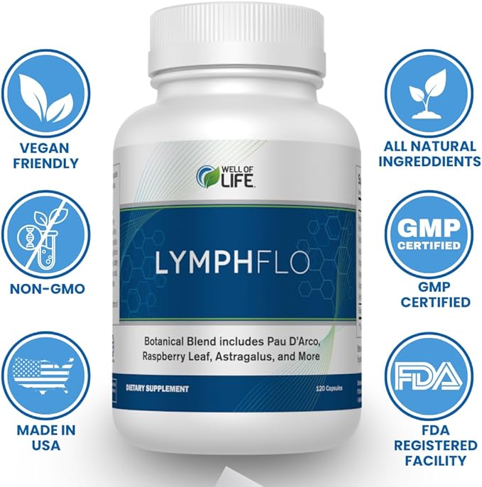 LymphFlo: Herbal Support for Detox Immunity &amp Well-Being. Formulated with PAU d’Arco Cleavers &amp Red Peony Root in 1100mg 180 V-Capsules to Optimize Lymphatic Function Enhance Vitality