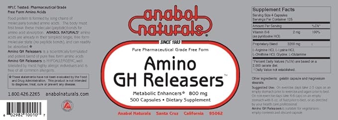 Anabol Naturals Amino GHReleasers Pre-Workout Amino Acid Supplement – MetaboEnhancer with L-Glutamine and L-Arginine for Lean Muscle 500 Capsules