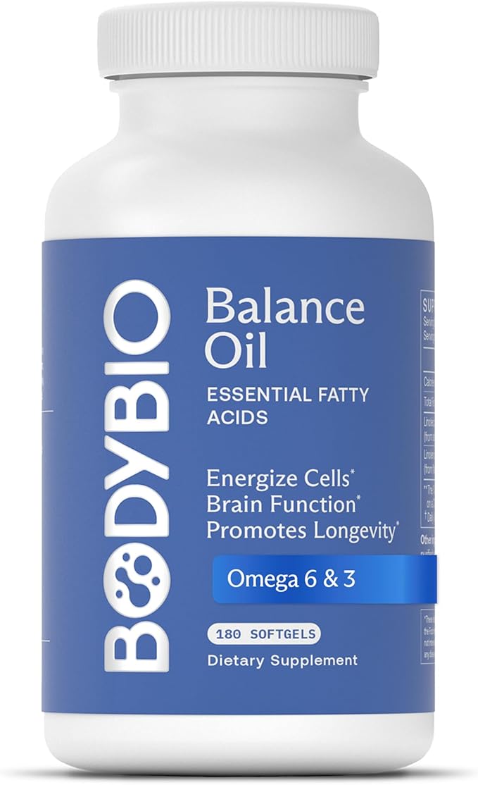 BodyBio Balance Oil - Vegan Omega 3 6 Supplement – Cold-Pressed Safflower &amp Flaxseed Oil – Supports Brain Function Healthy Skin and Mood