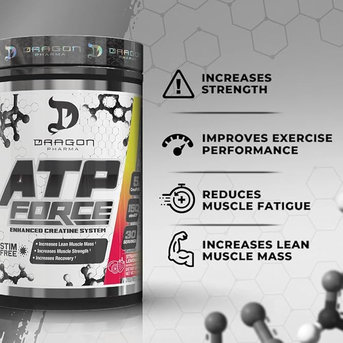 DRAGON PHARMA ATP Force Enhanced Creatine System Stim-Free Increase Lean Muscle Mass &amp Recovery 5 Grams of CreaPure Improves Blood Flow (30 Servings Unflavored)