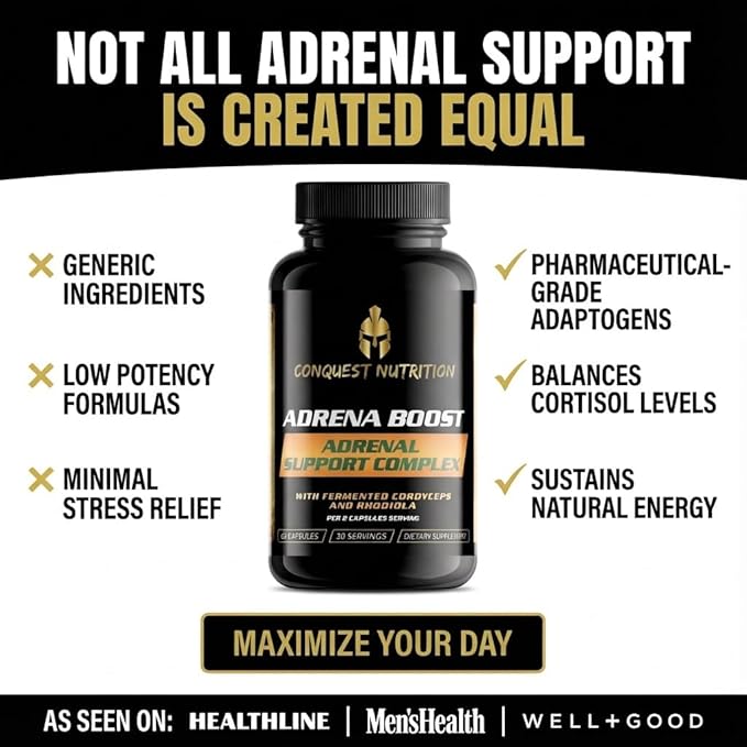 Adrena Boost Adrenal Support Complex - Help Maintain Healthy Energy &amp Stress Levels. Cordyceps Eleuthero Rhodiola Chlorella Burdock Bromelain Japanese Knotwood - 60 Veggie Capsules