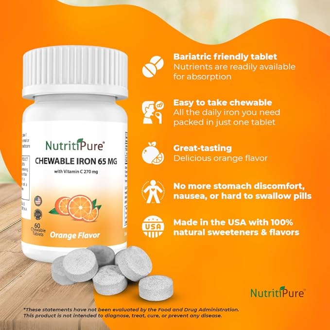 Chewable Carbonyl Iron 65mg with 270mg Vitamin C – Bariatric Friendly Tablet (Non-Gummy) Sugar-Free Orange Flavor - Iron Supplement – 60 Tablets (60 Day Supply)