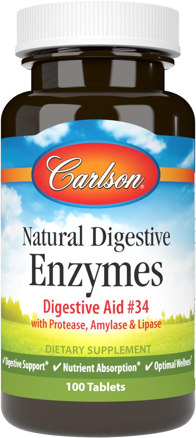 Carlson - Natural Digestive Enzymes Digestive Aid #34 with Protease Amylase &amp Lipase Digestive Support Nutrient Absorption &amp Optimal Wellness 100 Tablets