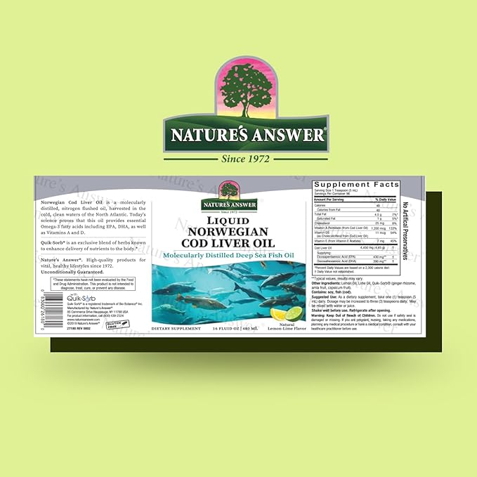 Nature's Answer Cod Liver Oil Liquid Supplement 16-Fluid Ounces | Promotes a Healthy Heart &amp Brain | Cognitive and Cardiovascular Support | Great Tasting (Pack of 1)