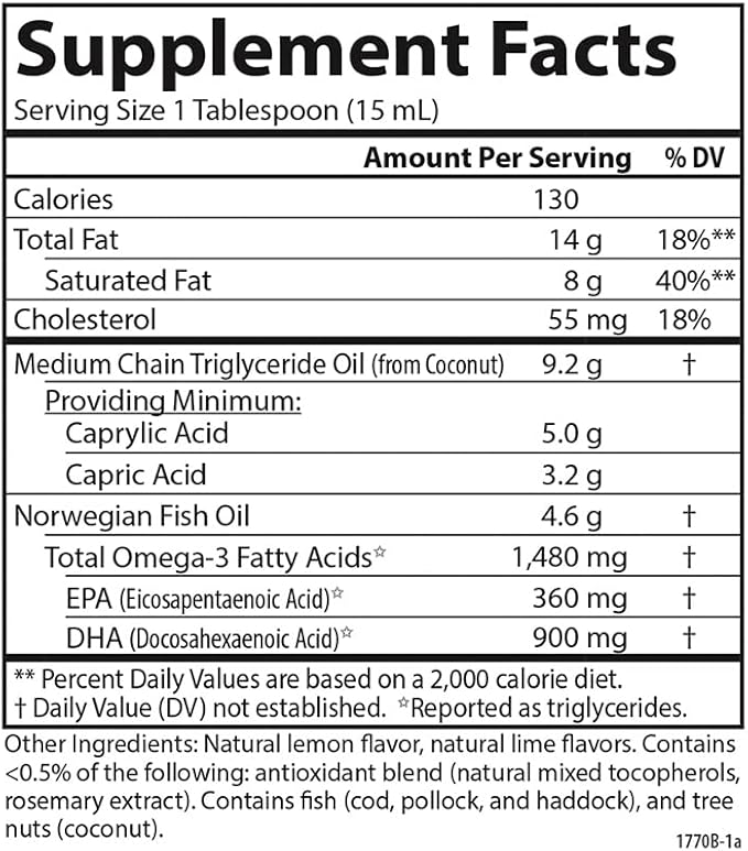 Carlson - MCT &amp Omega-3 1480 mg Omega-3s 9200 mg MCTs Keto-Friendly Caprylic &amp Capric Acids Energy Production Fat Metabolism Lemon-Lime 200 mL (6.7 Fl Oz)