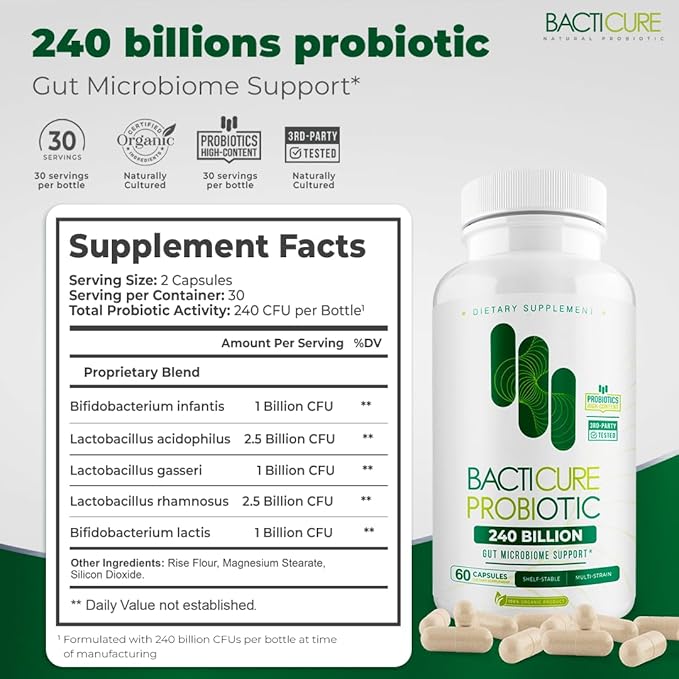 Bacticure Probiotic 240 Capsules | Probiotics Supplement w/High CFU Formula for Men &amp Women | Prebiotics &amp Digestive Enzymes for Digestion &amp Gut Health Vaginal Health Colon Cleanse Immu