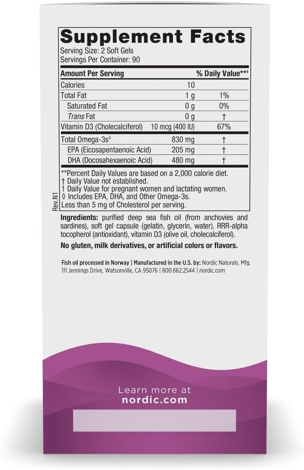 Nordic Naturals Prenatal DHA Unflavored - 180 Soft Gels - 830 mg Omega-3 + 400 IU Vitamin D3 - Supports Brain Development in Babies During Pregnancy &amp Lactation - Non-GMO - 90 Servings