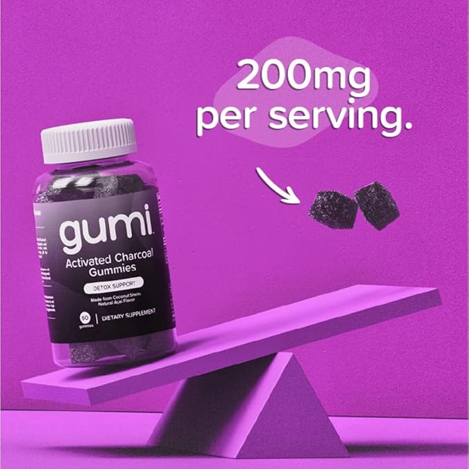Gumi Nutrition Coconut Activated Charcoal Gummies - Charcoal Supplements for Detox Oral Health &amp Gut Health - 200mg Gummy Vitamin - Gluten Free Vegan &amp Non GMO - Natural Açaí Flavor (60 Coun