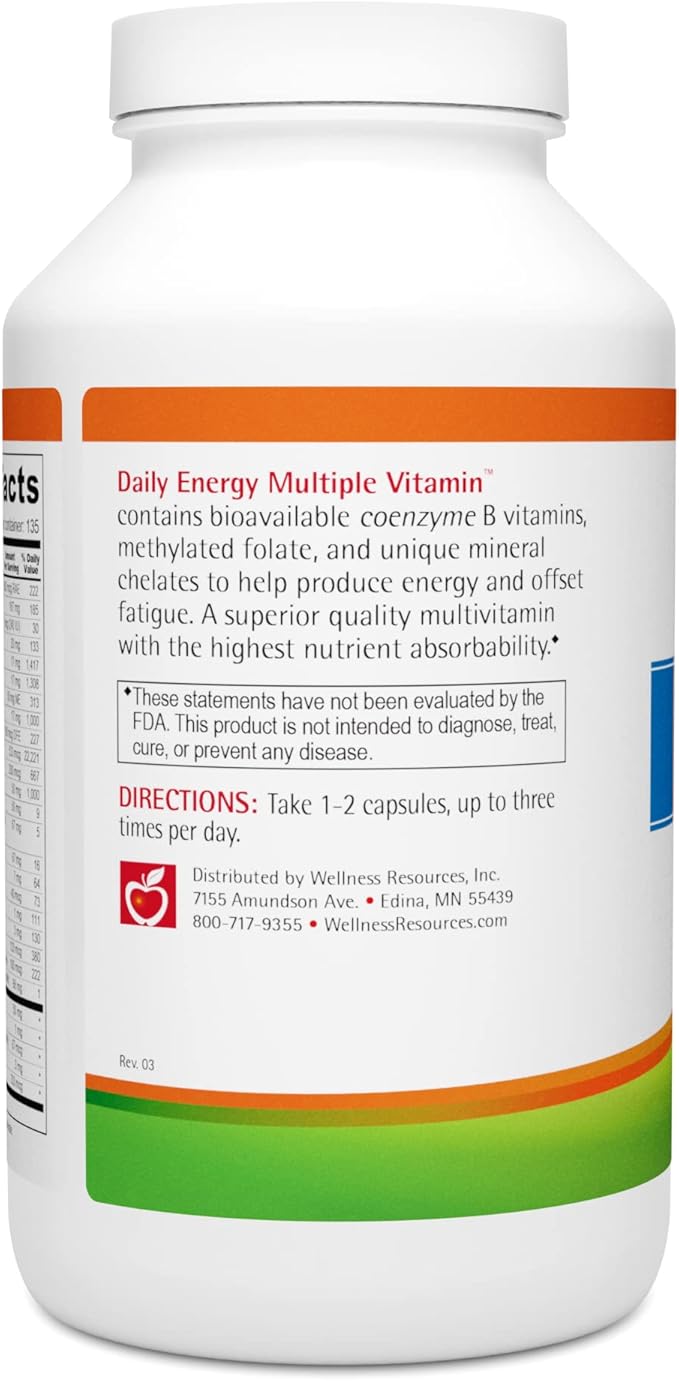 Wellness Resources Daily Energy Multiple Vitamin - 270 Capsules - Methylated Daily MTHFR Multivitamin Without Iron - Vitamin B12 Folate &amp Bioavailable B Vitamins - Best Supplement for Energy &am