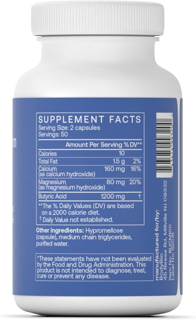 BodyBio Butyrate - Postbiotic for Gut Health Digestive Support Bloat Gas &amp Constipation Relief Leaky Gut Repair - Calcium Magnesium + Butyric Acid Supplement for GI Wellness