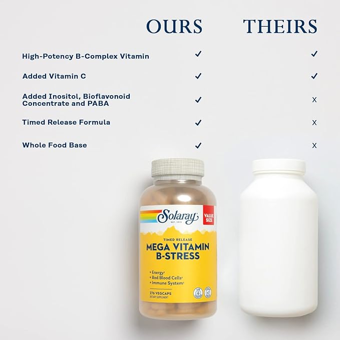 SOLARAY Mega Vitamin B-Stress - Timed Release Vitamin B Complex w/Vitamin B12 B6 Folic Acid VIT. C - Stress Energy Red Blood Cell Immune Support - Vegan 60-Day Guarantee (240 CT)