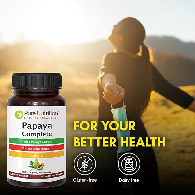 Pure Nutrition Papaya Complete | 120 Caps | Carica Papaya Leaf Extract with Iron VIT C VIT A &amp Folic Acid | Supports Platelet Immunity &amp Digestion Non-GMO | Gluten-Free