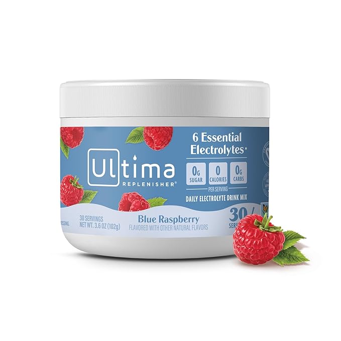 Ultima Replenisher Daily Electrolyte Powder Drink Mix – Sugar Free – Blue Raspberry 30 Servings – Hydration Powder with 6 Electrolytes and Trace Minerals – Keto Friendly Vegan Non-GMO