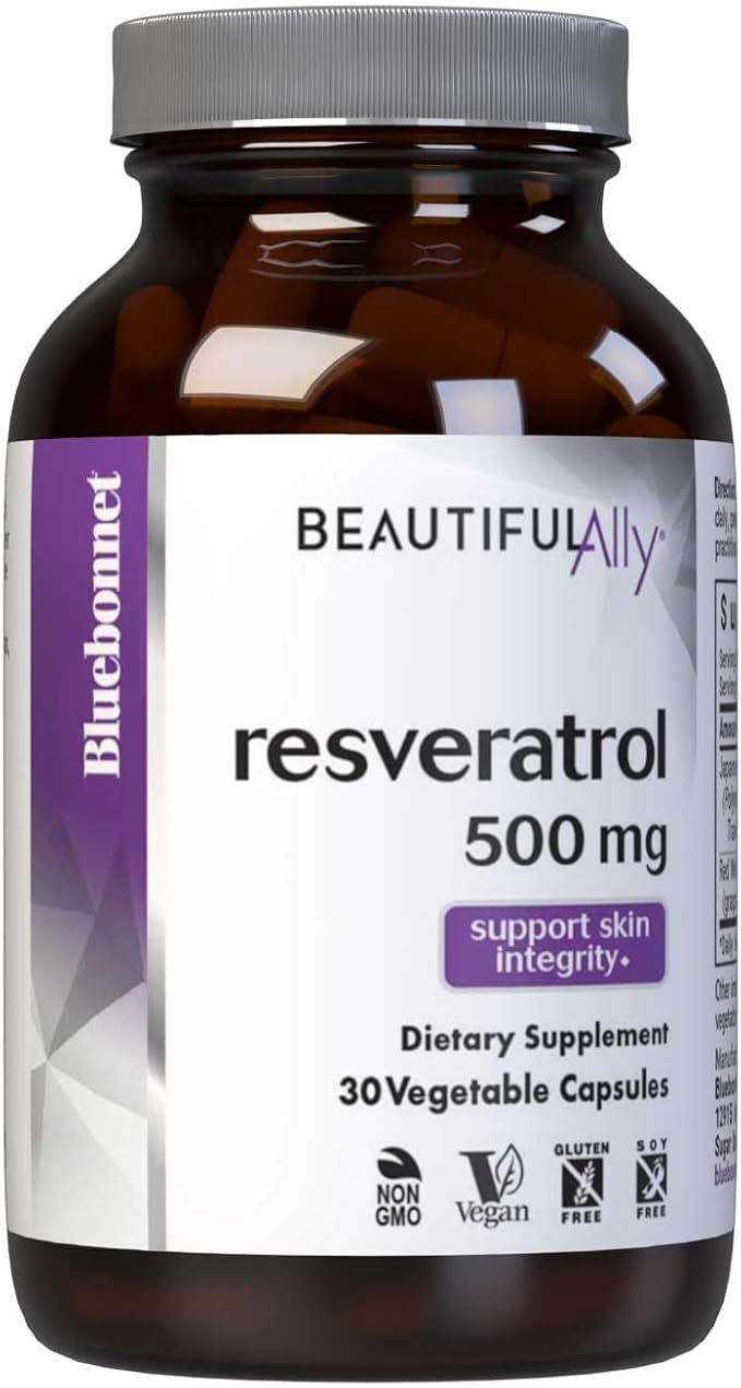 Bluebonnet Nutrition Beautiful Ally Resveratrol 500mg Protect Skin Integrity* Non-GMO Vegan Gluten-Free Soy-Free Dairy-Free 30 Vegetable Capsules 30 Servings