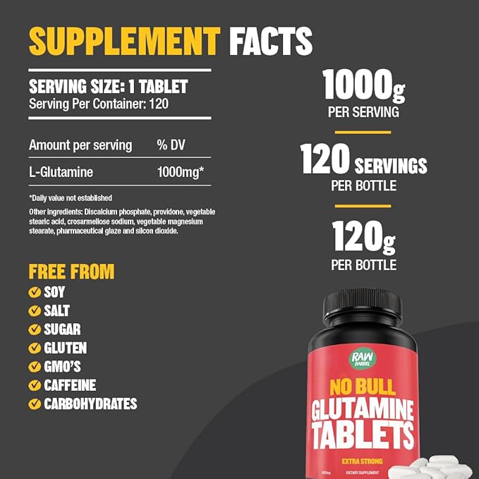 “No Bull” L-Glutamine Tablets Pure L Glutamine Pills Non GMO L Glutamine Supplement Naturally Vegan Vegetarian Friendly and Gluten Free 1000mg
