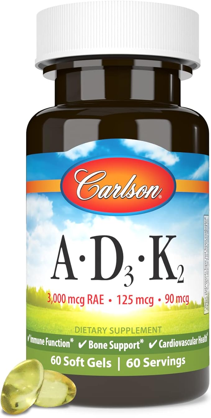 Carlson - Vitamins A D3 K2 3000 mcg RAE Vitamin A 125 mcg Vitamin D3 90 mcg Vitamin K2 as MK-7 Bone Building Calcium Utilization 60 Soft Gels