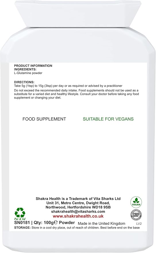 Pure L-Glutamine 100g Pure Targeted Release Vegan Amino Acid Powder for Gastrointestinal Integrity Neurological Activity Irritated Bowels &amp Immune Support | Shakra Health