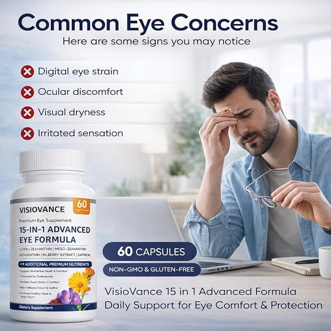 15 in 1 Advanced Eye Formula - Carotenoids Lutein Zeaxanthin &amp Antioxidant Blend Daily Visual Support Formula for Screen Use &amp Overall Eye Wellness – 60 Capsules