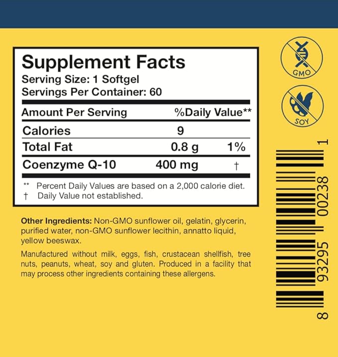 Researched Nutritionals CoQ10 400mg Softgels for Heart Health - Therapeutic-Strength Coenzyme Q10 Supplement - Support Natural Energy &amp Immune Function Promote Healthy Gum Tissue (60 Softgels)