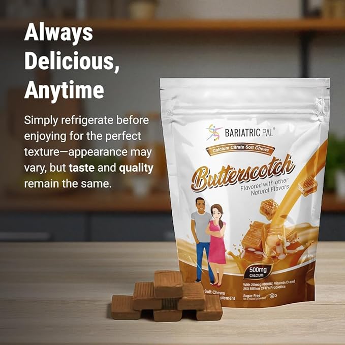 BariatricPal Sugar-Free Calcium Citrate Soft Chews | 500mg with Vitamin D &amp Probiotics | Butterscotch | 90 Count (1 Month Supply)