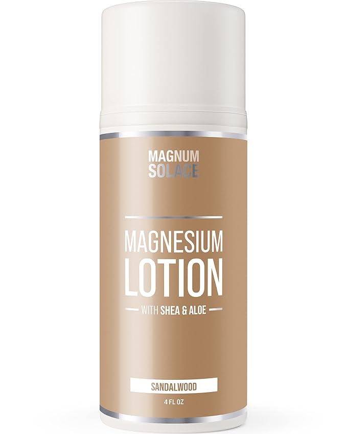 Magnum Solace Magnesium Lotion – Super Concentrated – Made with Aloe and Shea – For Leg Cramps Sore Muscles &amp Joints Rejuvenation – Safe for Kids Made in the USA (Sandalwood)