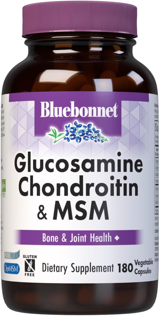 Bluebonnet Nutrition Glucosamine Chondroitin Plus MSM Glucosamine Chondroitin Sulfate Vitamin C &amp OptiMSM Bone &amp Joint Health Non GMO Gluten Free Soy Free Milk Free 180 Vegetable Caps